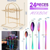 MEKBOK Colorful Silverware Set,24 piece Stainless Steel Flatware Set with Hanging Caddy,Iridescent Cutlery Utensils Set Service for 6,(Muti-colorful