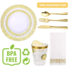 175 Piece Gold Dinnerware Set 25 Guest-50 Gold Lace Plastic Plates-25 Gold Plastic Silverware-25 Gold Plastic Cups-25 Linen Feel Gold Paper Napkins