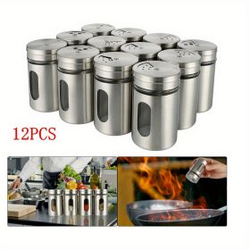 12pc Stainless Steel & Glass Spice Shakers - Premium Kitchen Essentials for Salt, Pepper & MSG, Modern Design for Indoor BBQs & Picnics (Color: silvery)