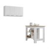 Caledon 2 Piece Kitchen Set, Kitchen Island + Upper Wall Cabinet , White /Walnut